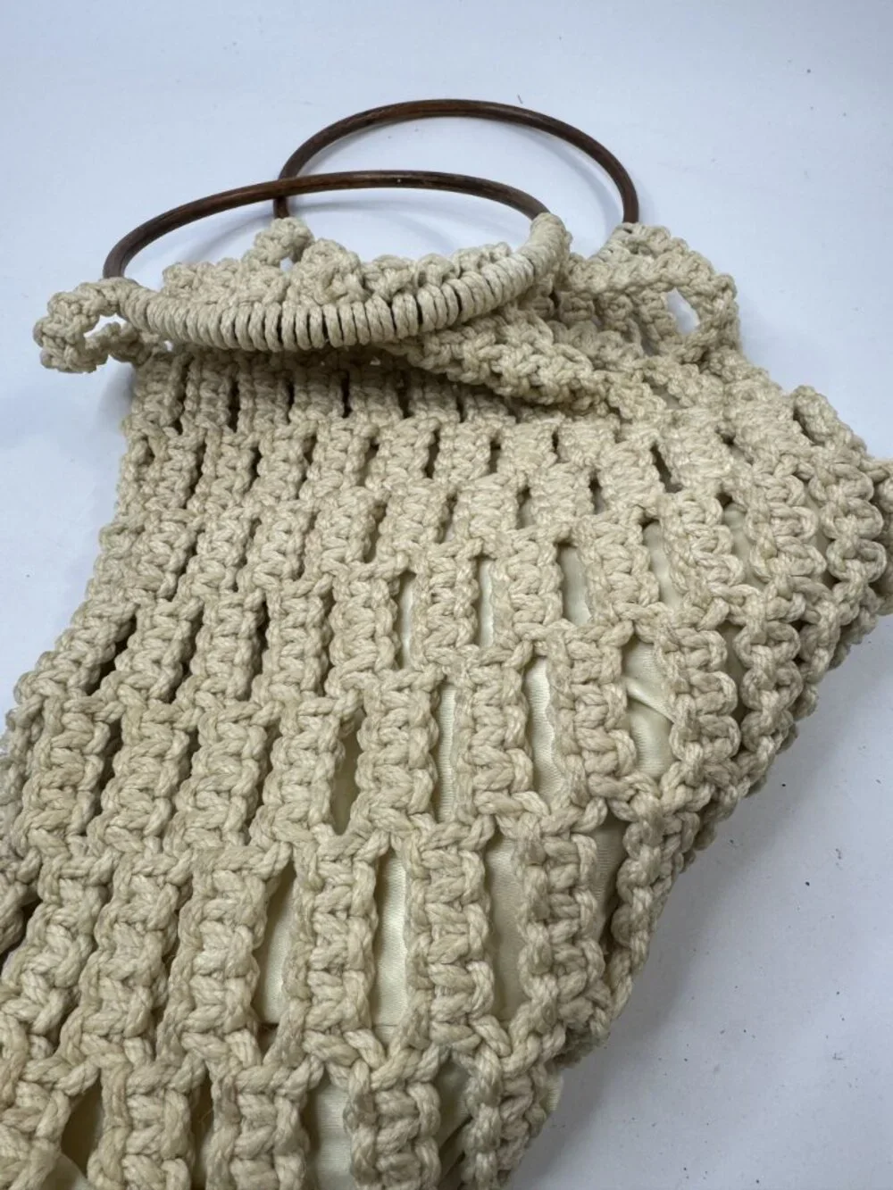 Handmade Macrame Crochet Bag With Wooden Handles Cream Open Weave Design Lined I